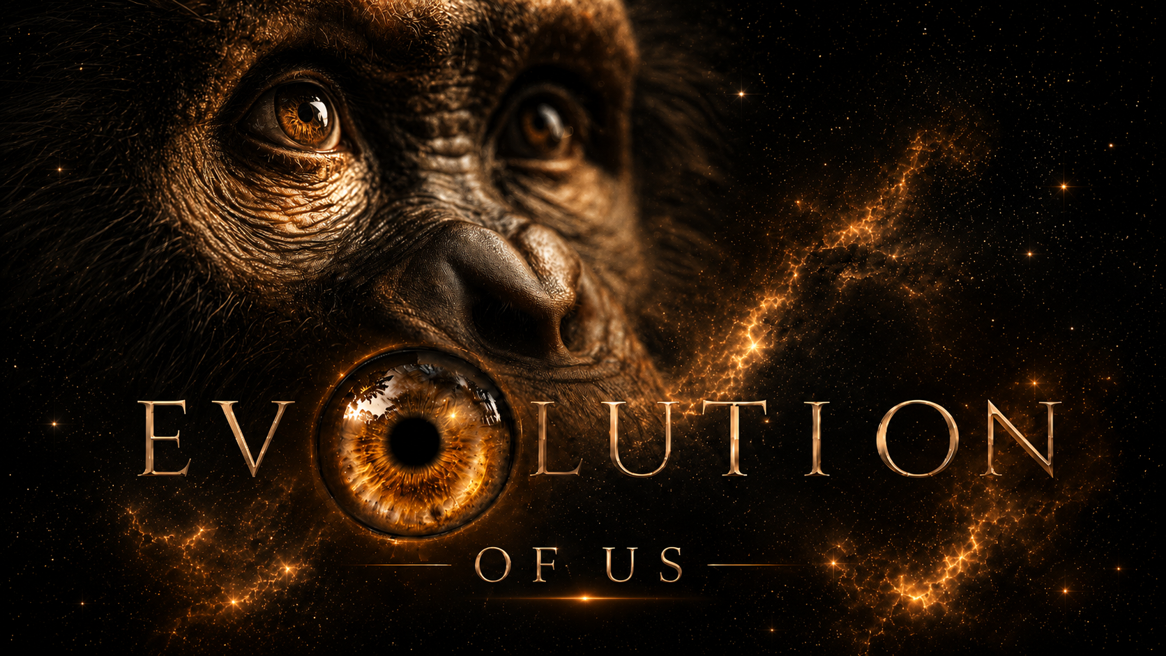 Evolution of Us — title artwork: a primate face emerges from cosmic embers, with an iris at the center of the title.