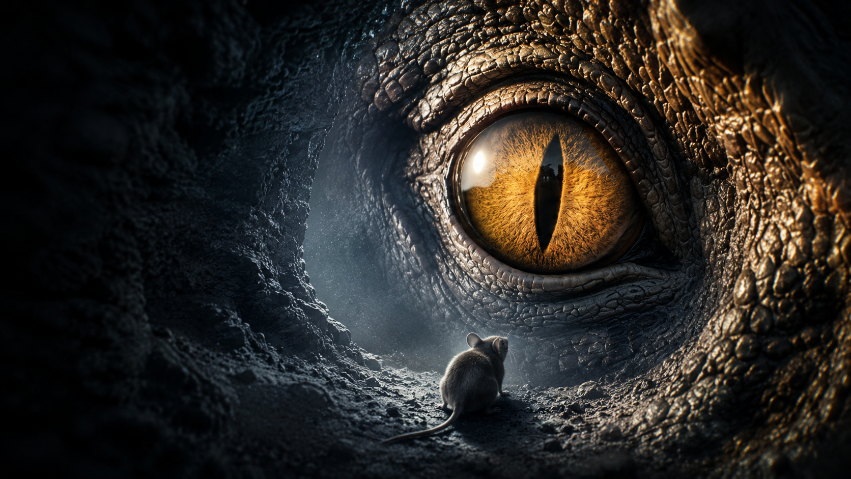 A mouse stands at the edge of a stone passage, looking up at the enormous amber-irised eye of a reptilian predator.