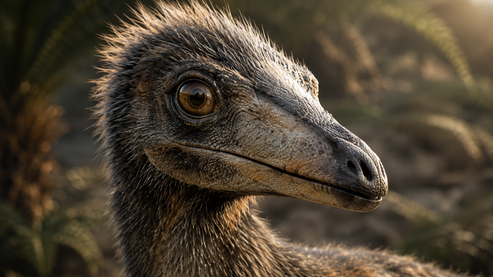 Close-up of a small feathered theropod's head in warm grassland light.