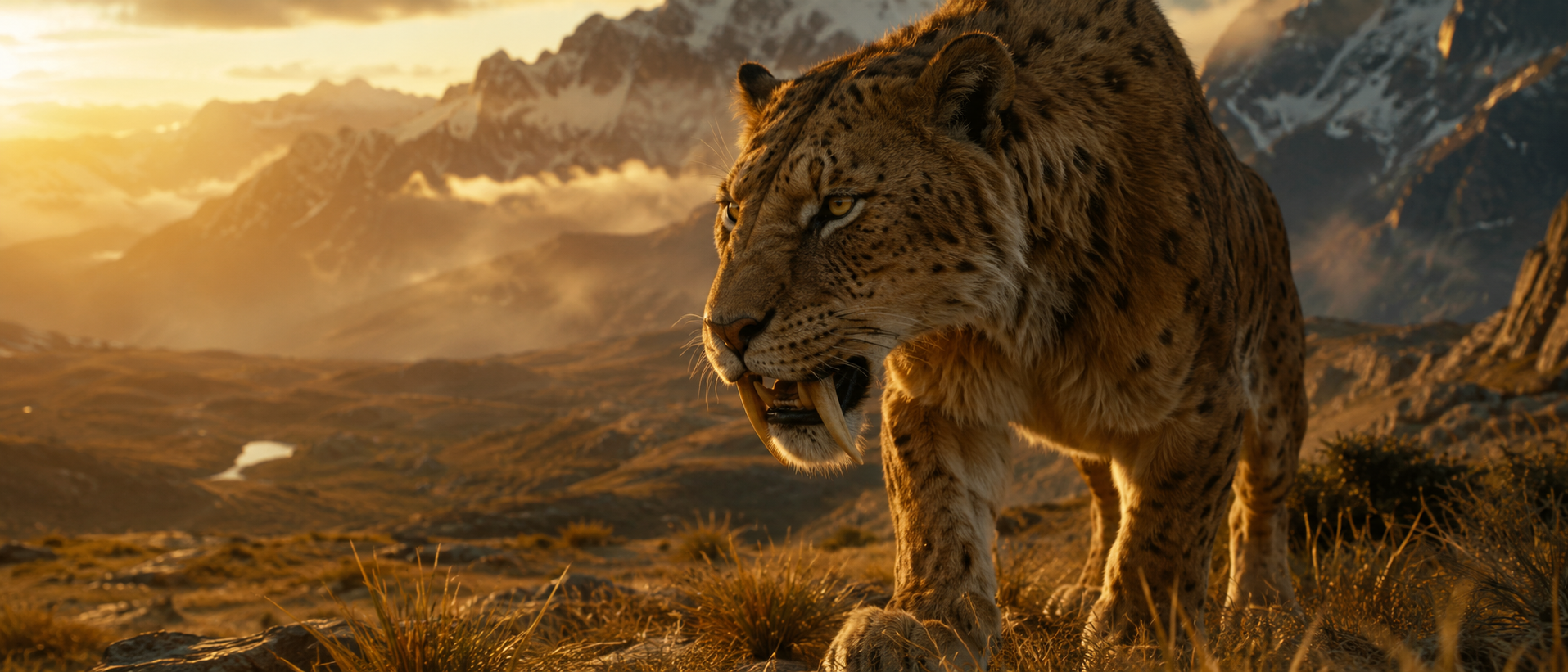 A saber-toothed cat prowls a sunlit alpine valley at golden hour.