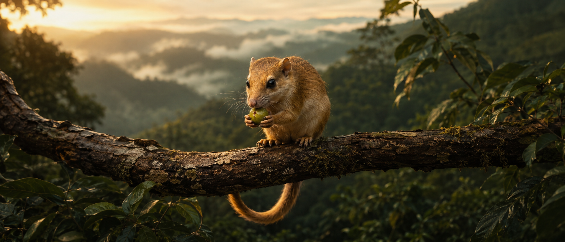 A small tree shrew sits on a mossy branch above a misted forest at sunrise.