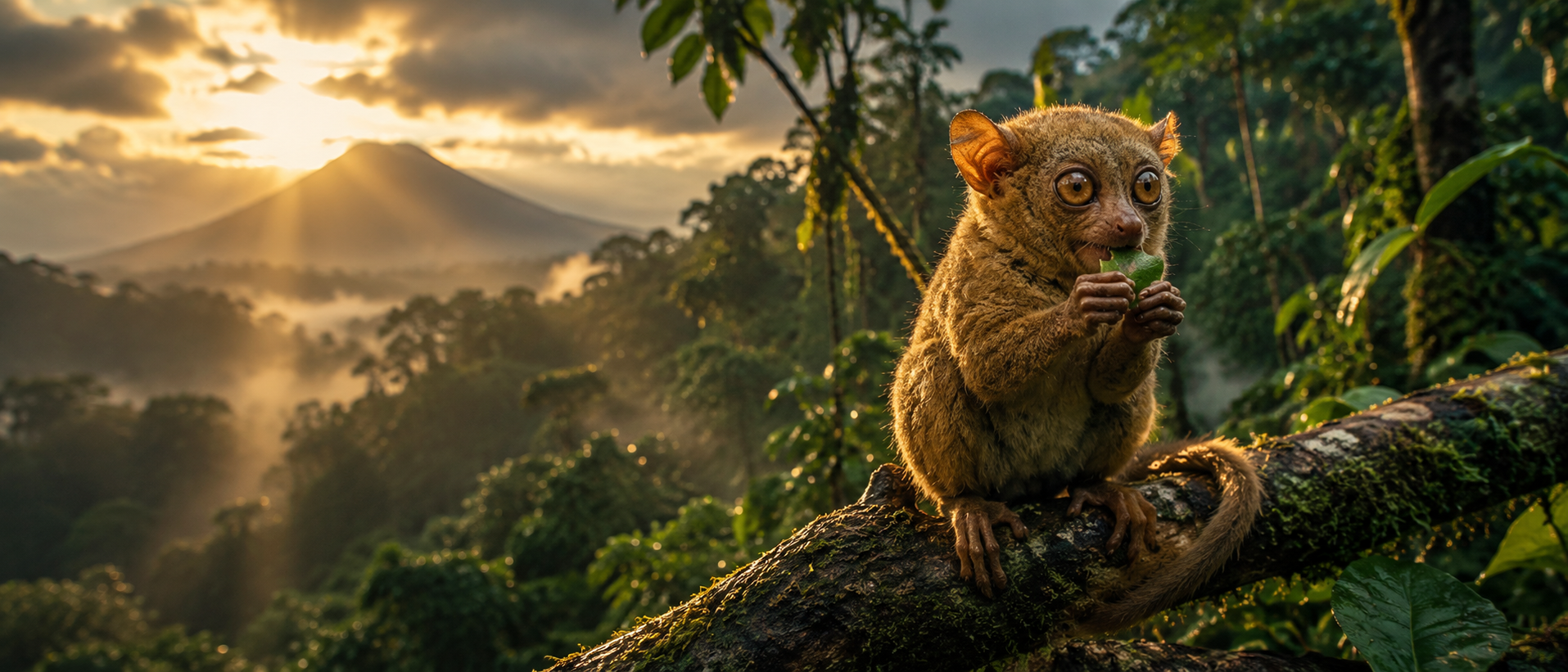 A small wide-eyed primate ancestor clings to a branch over a jungle valley at dawn.